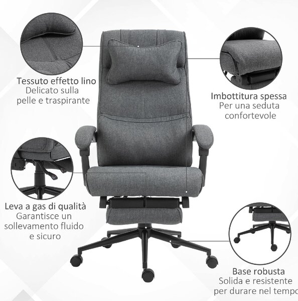 DecHome Sedia Ergonomica con Ruote e Braccioli Reclinabile con Poggiapiedi e Poggiatesta in Tessuto colore Grigio Scuro
