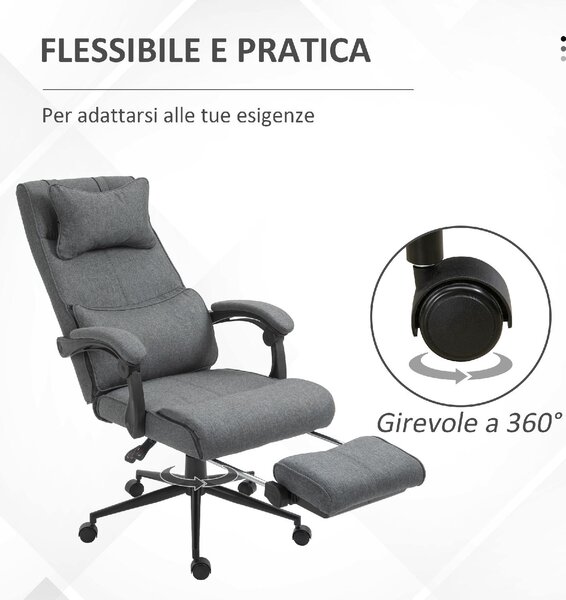 DecHome Sedia Ergonomica con Ruote e Braccioli Reclinabile con Poggiapiedi e Poggiatesta in Tessuto colore Grigio Scuro
