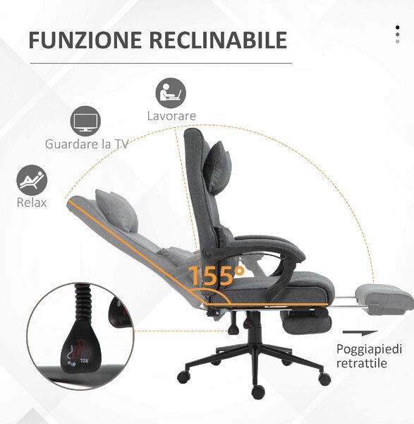 DecHome Sedia Ergonomica con Ruote e Braccioli Reclinabile con Poggiapiedi e Poggiatesta in Tessuto colore Grigio Scuro