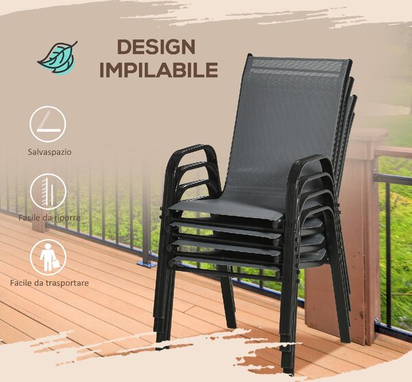 VivaGarden Sedia per Esterni Impilabile Set 4 Sedie da Giardino in Metallo/Tessuto Dimensioni 54x75,5x95 cm colore Grigio
