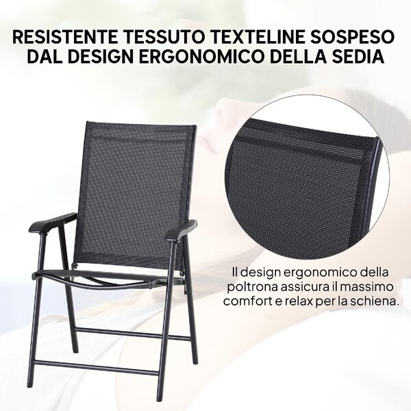 VivaGarden Sedia per Esterni Pieghevole Set 2 Sedie da Giardino in Metallo/Texteline Dimensioni 58x64x94 cm colore Nero