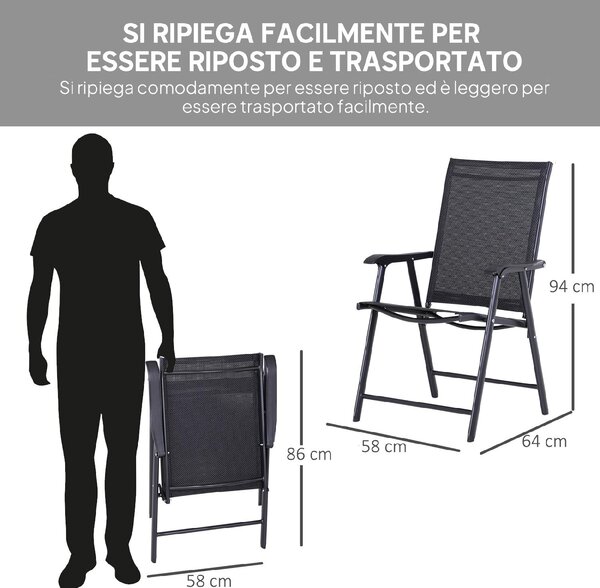 VivaGarden Sedia per Esterni Pieghevole Set 2 Sedie da Giardino in Metallo/Texteline Dimensioni 58x64x94 cm colore Nero