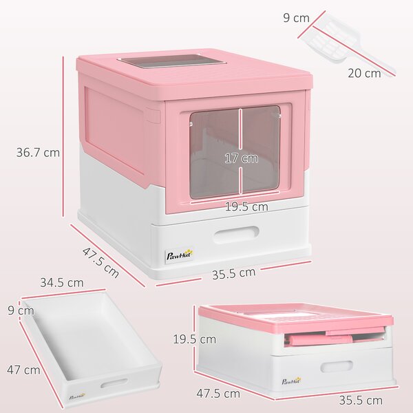 PawHut Lettiera per Gatti Chiusa in PP a 2 Porte con Paletta e Vassoio Estraibile, 47.5x35.5x36.7 cm, Rosa e Bianco