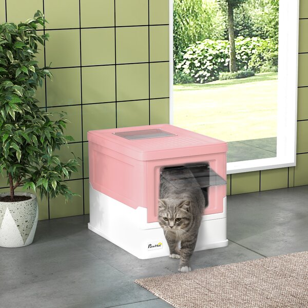 PawHut Lettiera per Gatti Chiusa in PP a 2 Porte con Paletta e Vassoio Estraibile, 47.5x35.5x36.7 cm, Rosa e Bianco