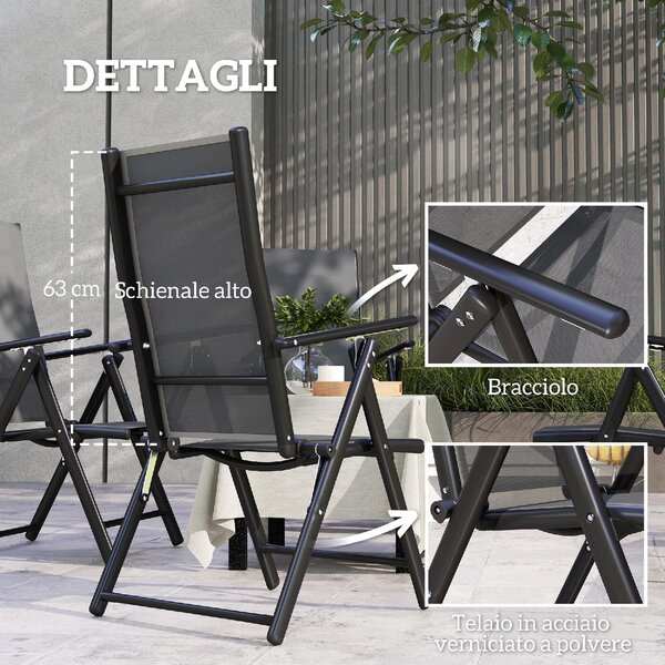 VivaGarden Sedia per Esterni Pieghevole Set 4 Sedie da Giardino in Acciaio/Poliestere 56x69x106 cm colore Grigio