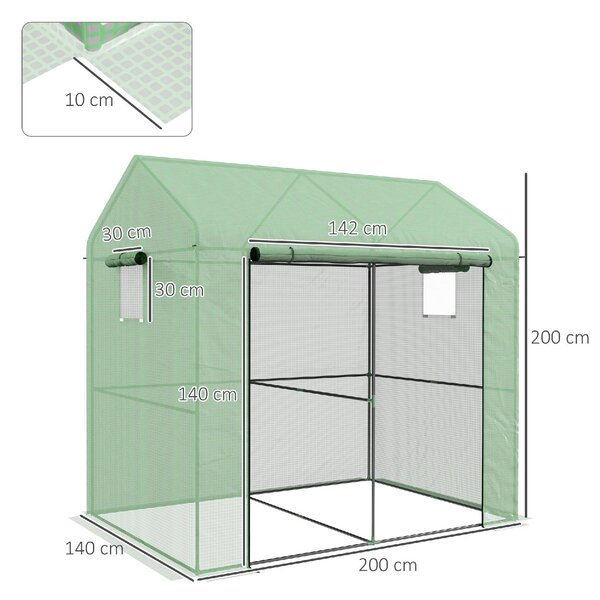VivaGarden Serra a Casetta a 2 Sezioni con Porta e Finestre Avvolgibili in Acciaio e PE 200x140x200 cm colore Verde - 0GNAM305