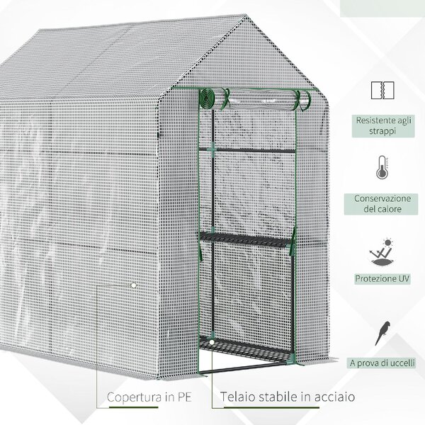 VivaGarden Serra a Casetta con Rivestimento in PE Porta a Cerniera e 4 Ripiani 186x120x190 cm colore Bianco - 01-84WE