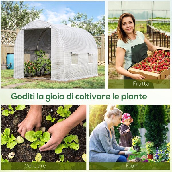 VivaGarden Serra a Tunnel con 4 Finestrelle e Ingresso a Zip in Acciaio Zincato e PE 3x2x1.9 m colore Bianco - U4815WT