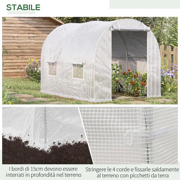 VivaGarden Serra a Tunnel con 4 Finestrelle e Ingresso a Zip in Acciaio Zincato e PE 3x2x1.9 m colore Bianco - U4815WT