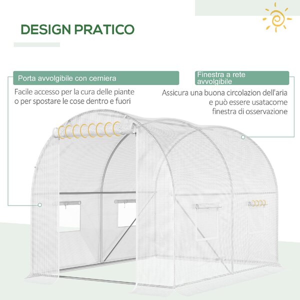 VivaGarden Serra a Tunnel con 4 Finestrelle e Ingresso a Zip in Acciaio Zincato e PE 3x2x1.9 m colore Bianco - U4815WT