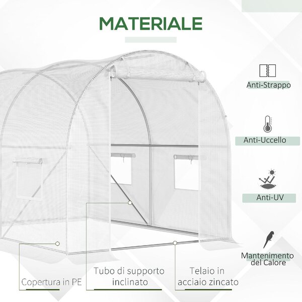 VivaGarden Serra a Tunnel con 4 Finestrelle e Ingresso a Zip in Acciaio Zincato e PE 3x2x1.9 m colore Bianco - U4815WT