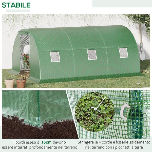 Brugel Serra a Tunnel da Esterno con Copertura in PE Porta con Cerniera e 6 Finestre Verde - 619V01845