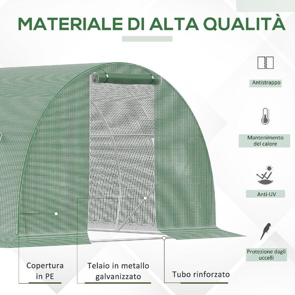 Brugel Serra a Tunnel da Esterno con Copertura in PE Porta con Cerniera e 6 Finestre Verde - 619V01845
