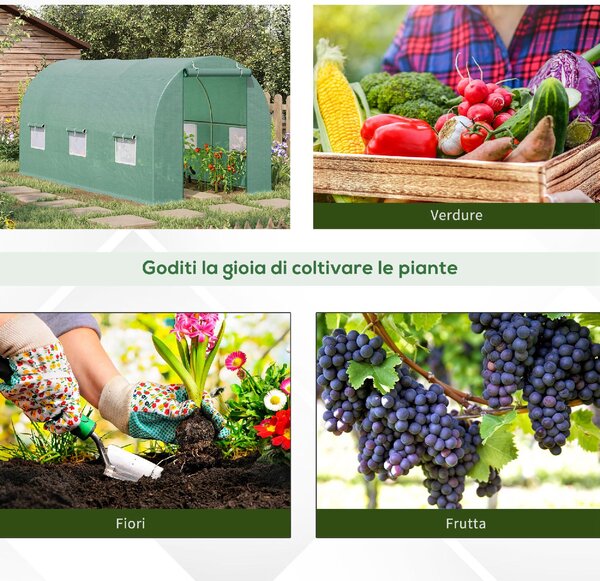 VivaGarden Serra a Tunnel da Giardino 4.5x2x2 mt con Tetto Arrotondato in PE e Metallo colore Verde - A233016AO82