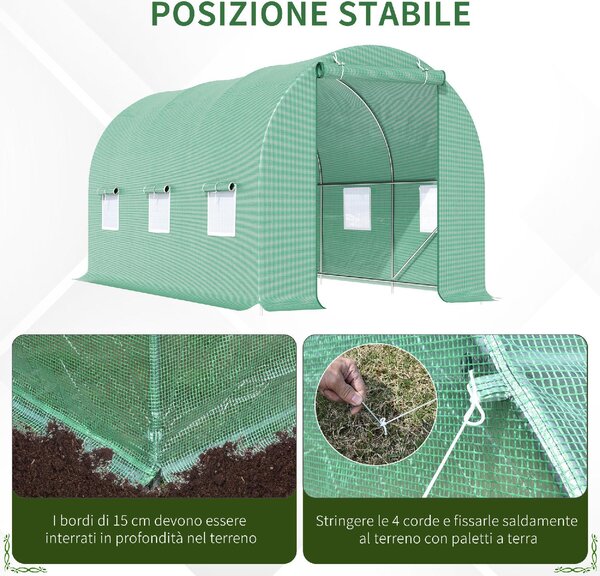 VivaGarden Serra a Tunnel da Giardino 4.5x2x2 mt con Tetto Arrotondato in PE e Metallo colore Verde - A233016AO82