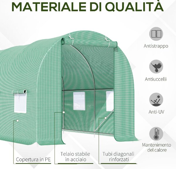VivaGarden Serra a Tunnel da Giardino 4.5x2x2 mt con Tetto Arrotondato in PE e Metallo colore Verde - A233016AO82
