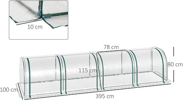 VivaGarden Serra a Tunnel in Acciaio e PVC Impermeabile e Anti UV con 4 Porte a Cerniera 395x100x80 cm