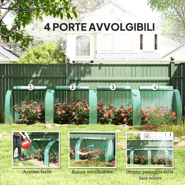 VivaGarden Serra a Tunnel in Acciaio e Plastica Impermeabile Anti UV con 4 Porte 395x100x80 cm colore Verde - GNZ514