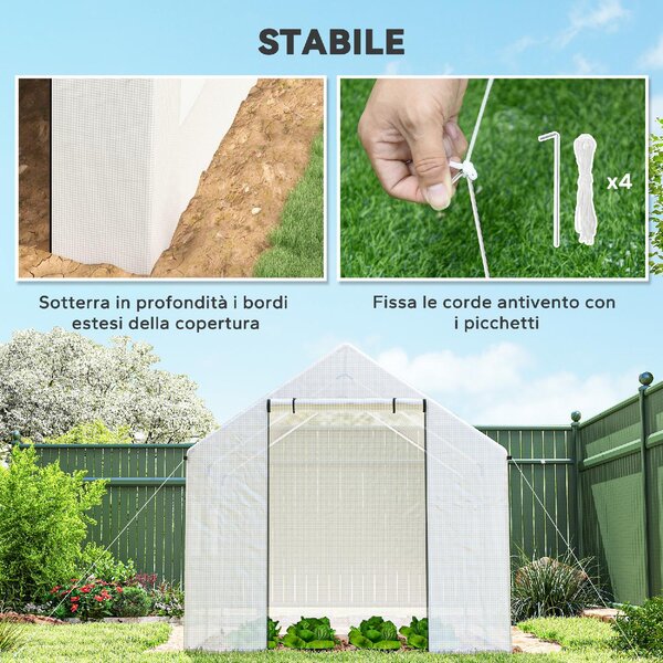 VivaGarden Serra da Giardino a Tunnel 2x3x2 m con Porte e Finestre Avvolgibili e Tetto a Punta in Acciaio e PE colore Bianco