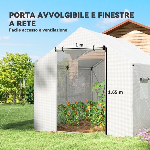 VivaGarden Serra da Giardino a Tunnel 2x3x2 m con Porte e Finestre Avvolgibili e Tetto a Punta in Acciaio e PE colore Bianco