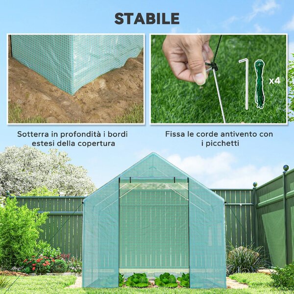 VivaGarden Serra da Giardino a Tunnel 2x3x2 m con Porte e Finestre Avvolgibili e Tetto a Punta in Acciaio e PE colore Verde