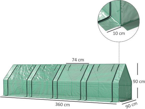 VivaGarden Serra da Giardino a Tunnel 4 Porte Arrotolabili con Copertura Allungata in Acciaio e PE 360x90x90 cm colore Verde