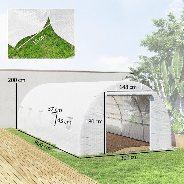 VivaGarden Serra da Giardino a Tunnel 8x3x2 m con Rivestimento in Plastica e Acciaio Rinforzato colore Bianco