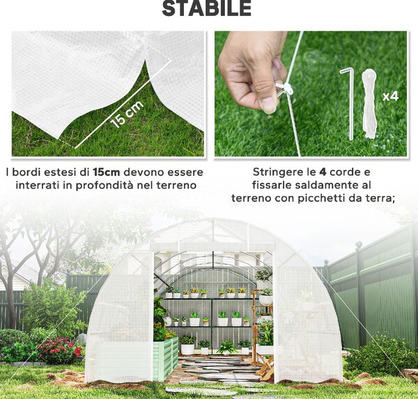 VivaGarden Serra da Giardino a Tunnel 8x3x2 m con Rivestimento in Plastica e Acciaio Rinforzato colore Bianco