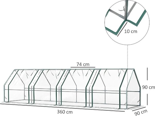 VivaGarden Serra da Giardino a Tunnel 4 Porte Arrotolabili con Copertura Allungata in Acciaio e PE 360x90x90 cm Trasparente