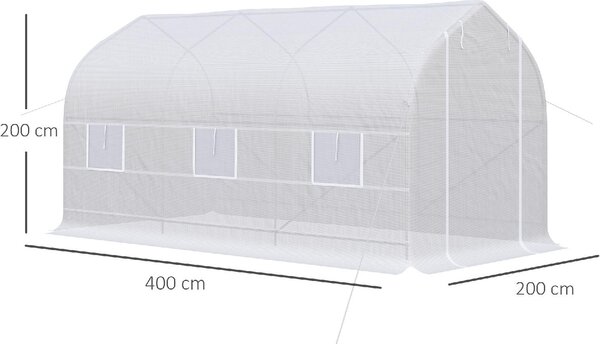 VivaGarden Serra da Giardino a Tunnel Anti-UV con 6 Finestre a Rete e Ingresso Arrotolabile in Metallo e PE 4x2x2 m colore Bianco
