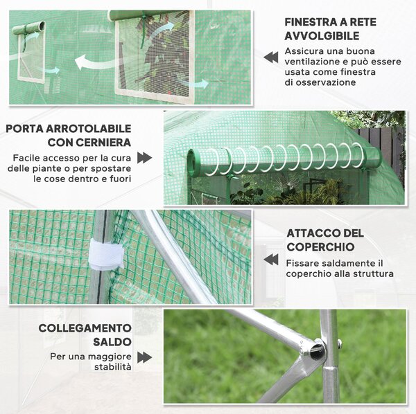 VivaGarden Serra da Giardino a Tunnel Anti-UV con 6 Finestre a Rete e Ingresso Arrotolabile in Metallo e PE 4x2x2 m colore Verde