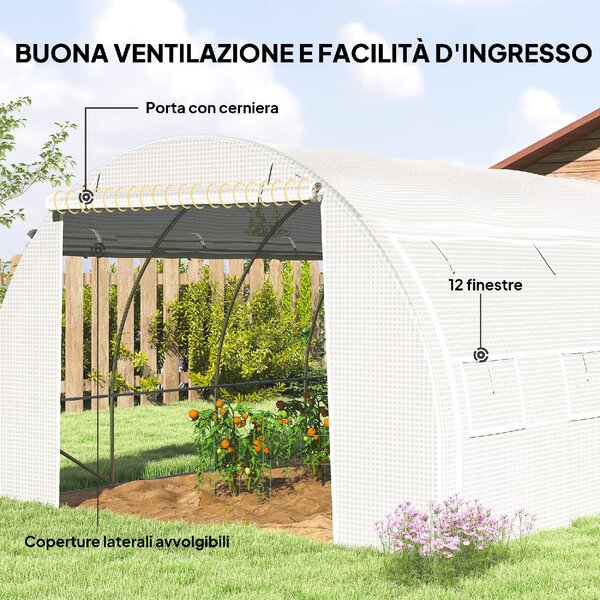 VivaGarden Serra da Giardino a Tunnel con Porta Pannelli e 8 Finestre Avvolgibili in Acciaio Zincato e PE 3.97x3x2 m colore Bianco