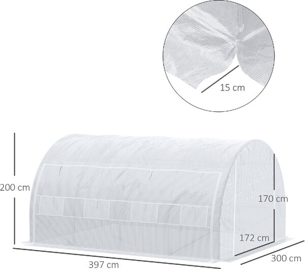 VivaGarden Serra da Giardino a Tunnel con Porta Pannelli e 8 Finestre Avvolgibili in Acciaio Zincato e PE 3.97x3x2 m colore Bianco