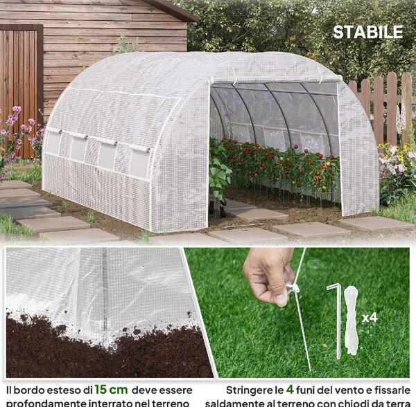 VivaGarden Serra da Giardino a Tunnel con Porta Pannelli e 8 Finestre Avvolgibili in Acciaio Zincato e PE 3.97x3x2 m colore Bianco