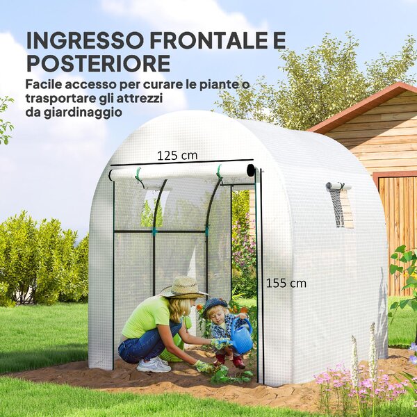 VivaGarden Serra da Giardino a Tunnel per Orto 1.8x1.8x2 m in Acciaio e PE Anti UV con Porte Avvolgibili e Finestre colore Bianco