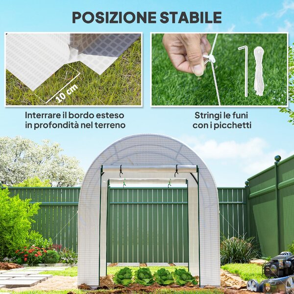 VivaGarden Serra da Giardino a Tunnel per Orto 1.8x1.8x2 m in Acciaio e PE Anti UV con Porte Avvolgibili e Finestre colore Bianco