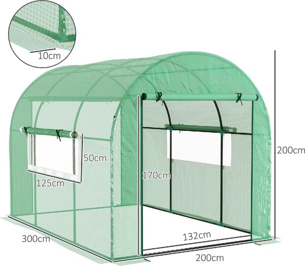 VivaGarden Serra da Giardino a Tunnel per Orto 3x2x2 m in Acciaio e PE Anti UV con Porte Avvolgibili e Finestre colore Verde