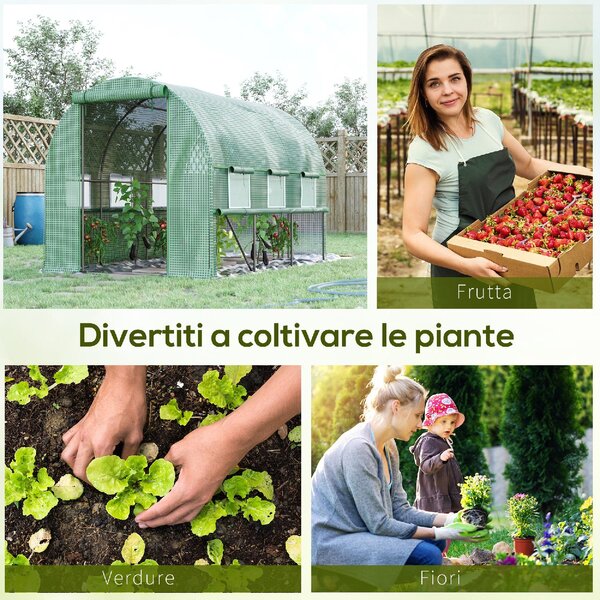 VivaGarden Serra da Giardino a Tunnel per Orto 3x2x2m in Acciaio e Copertura PE Porte con Zip e Finestre a Rete colore Verde
