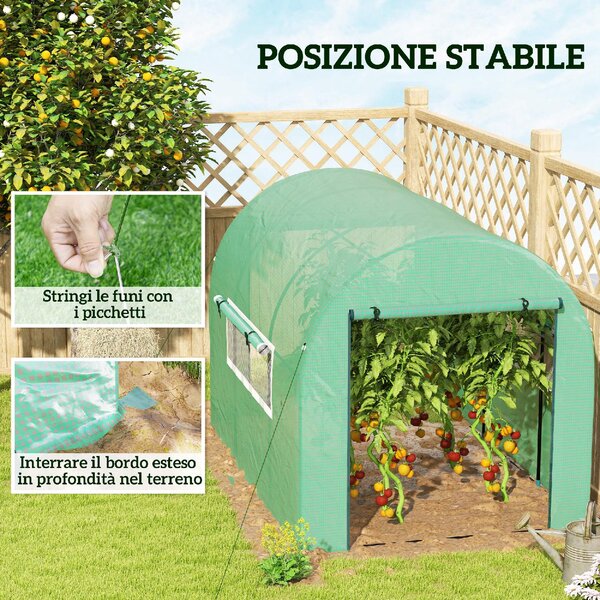 VivaGarden Serra da Giardino a Tunnel per Orto 3x2x2 m in Acciaio e PE Anti UV con Porte Avvolgibili e Finestre colore Verde