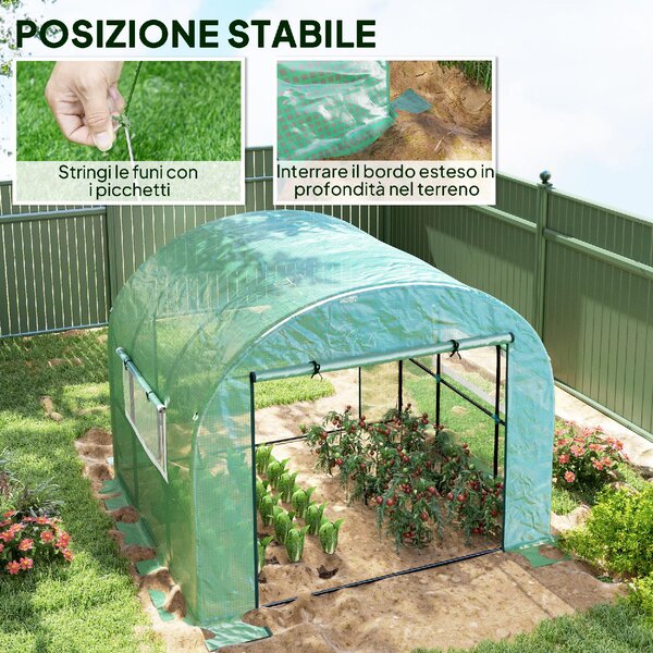 VivaGarden Serra da Giardino a Tunnel per Orto 3x3x2 m in Acciaio e PE Anti UV con Porte Avvolgibili e Finestre colore Verde