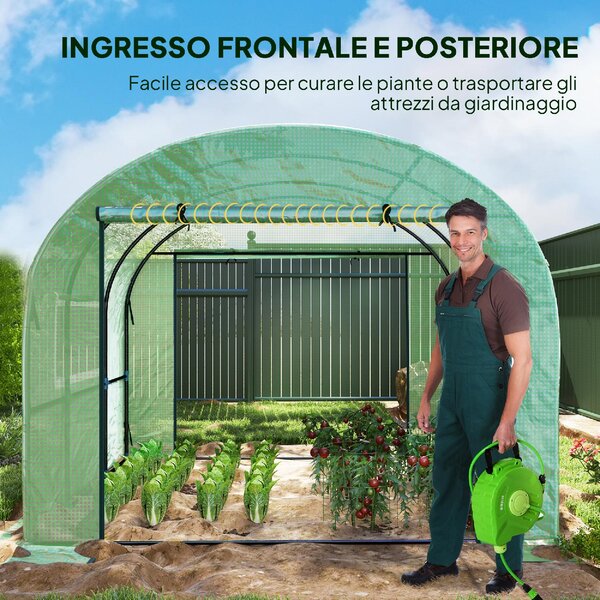 VivaGarden Serra da Giardino a Tunnel per Orto 3x3x2 m in Acciaio e PE Anti UV con Porte Avvolgibili e Finestre colore Verde