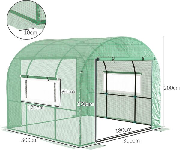 VivaGarden Serra da Giardino a Tunnel per Orto 3x3x2 m in Acciaio e PE Anti UV con Porte Avvolgibili e Finestre colore Verde