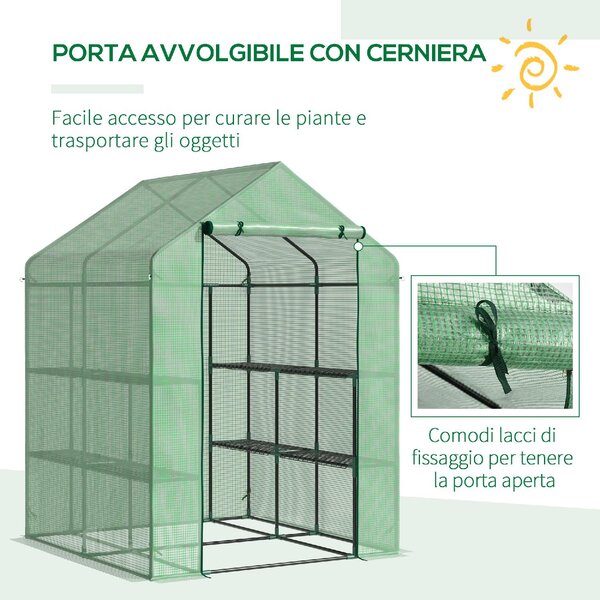 Brugel Serra da Giardino con Scaffali Copertura in PE e Porta Avvolgibile 143x138x190cm Verde - 510845