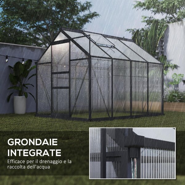 VivaGarden Serra da Giardino in Policarbonato e Alluminio con Porta Scorrevole Presa d'Aria e Grondaia 190x252x201 cm colore Grigio