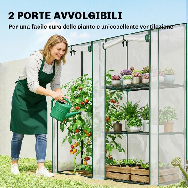 VivaGarden Serra da Giardino Verticale a 2 Sezioni con 3 Ripiani in Plastica e Acciaio 143x45x151 cm colore Verde Scuro e Trasparente