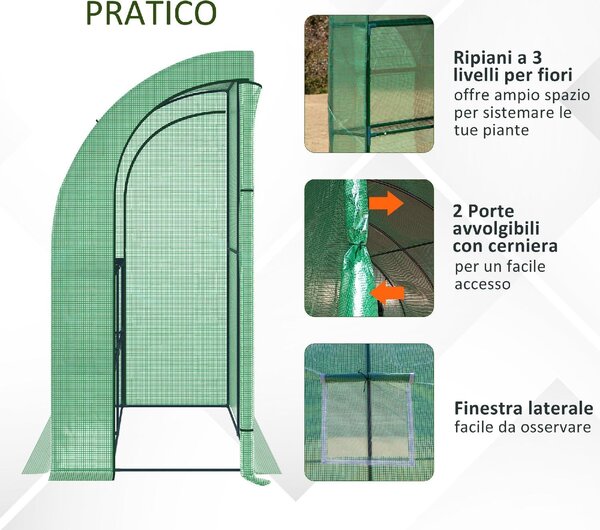Brugel Serra da Parete con 2 Ripiani per Piante e Fiori in Acciaio e PE 200x100x213cm Verde - 304V04GN845
