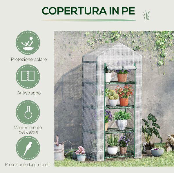 VivaGarden Serra per Piante Verticale con Scaffale a 4 Ripiani in Acciaio e PE 70x50x160 cm colore Bianco - WT-84OR