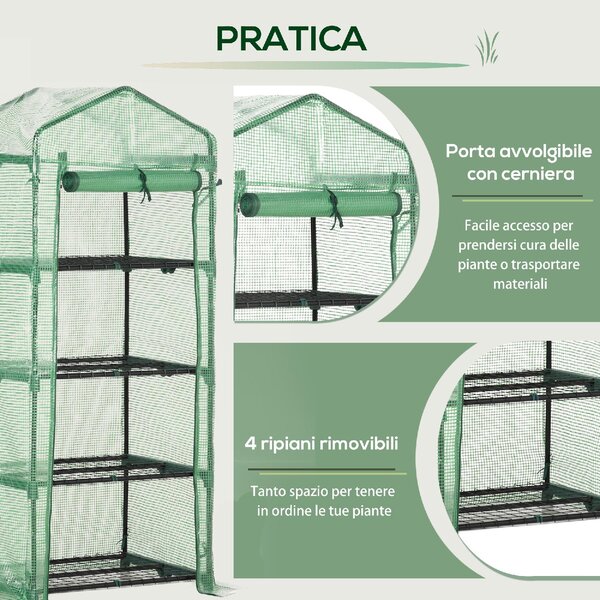VivaGarden Serra per Piante Verticale con Scaffale a 4 Ripiani in Acciaio e PE 70x50x160 cm colore Verde Scuro - 8V02-845