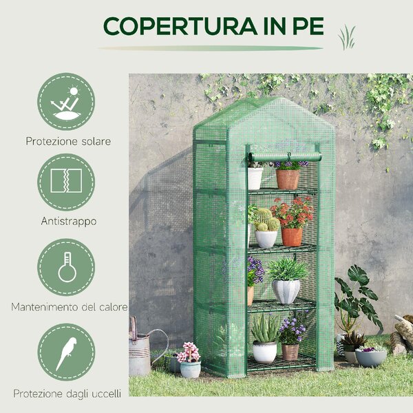 VivaGarden Serra per Piante Verticale con Scaffale a 4 Ripiani in Acciaio e PE 70x50x160 cm colore Verde Scuro - 8V02-845