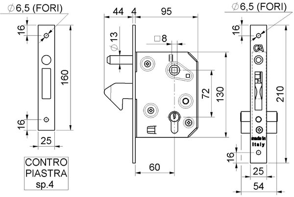 Combi Arialdo Serratura per Cancelli Cilindro sagomato da infilare Gancio sporgente Scatola 95x130 mm Quadro 8 mm Entrata 60 mm - 350